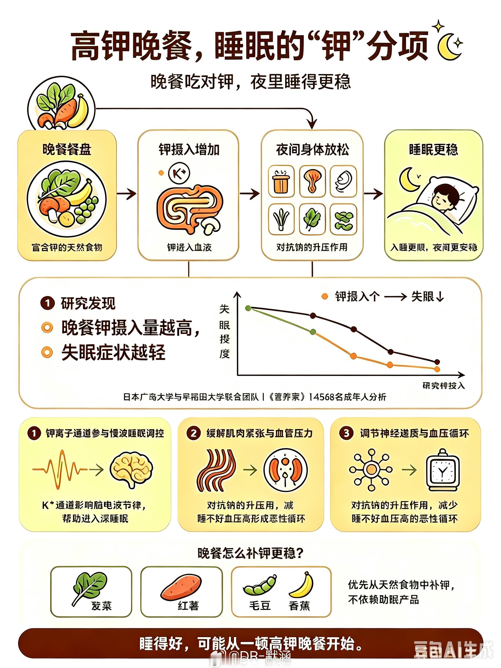 高钾晚餐可以让人睡得更香夜深难寐，问题可能出在晚餐的餐盘上。日本广岛大学与早稻田
