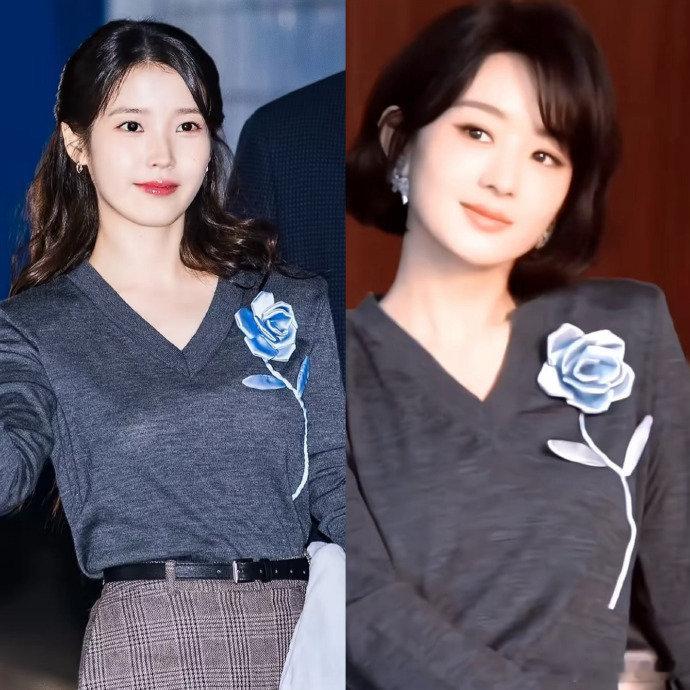 赵丽颖IU撞衫  赵丽颖IU穿了同款 惊现梦幻同框！IU 和赵丽颖穿同款衣服的画