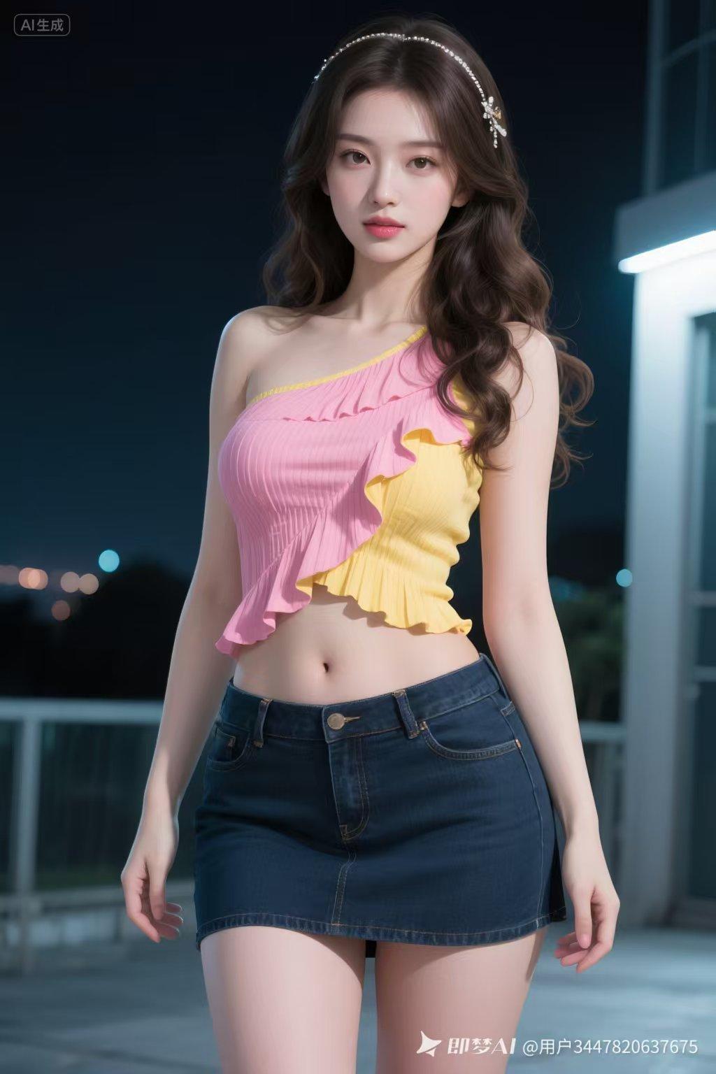 夜色温柔，粉黄撞色小上衣配牛仔短裙，甜美又吸睛，这身造型太犯规了！