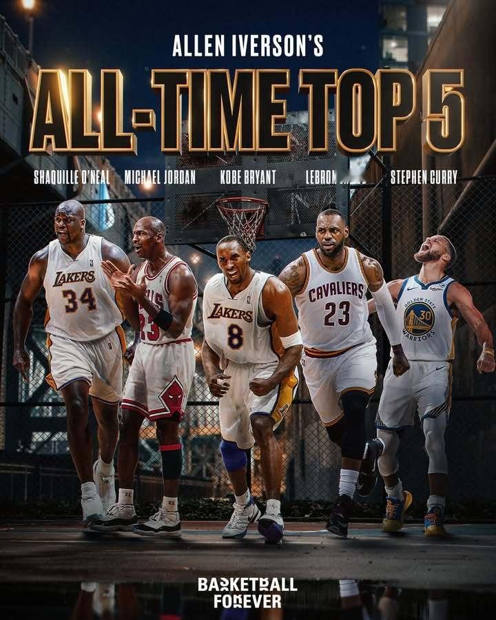 阿伦·艾弗森公布了他心目中的NBA历史前五球员 🐐🔸 奥尼尔🔸 迈克尔·乔
