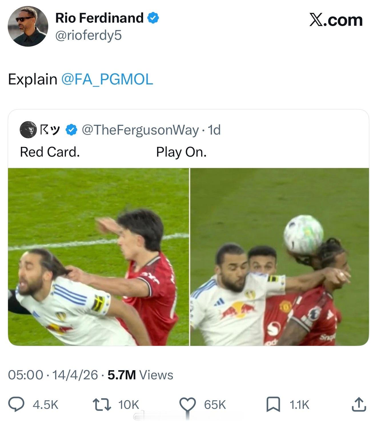 费迪南德直接艾特英超裁判委员会，希望他们对双标判罚做出解释： 