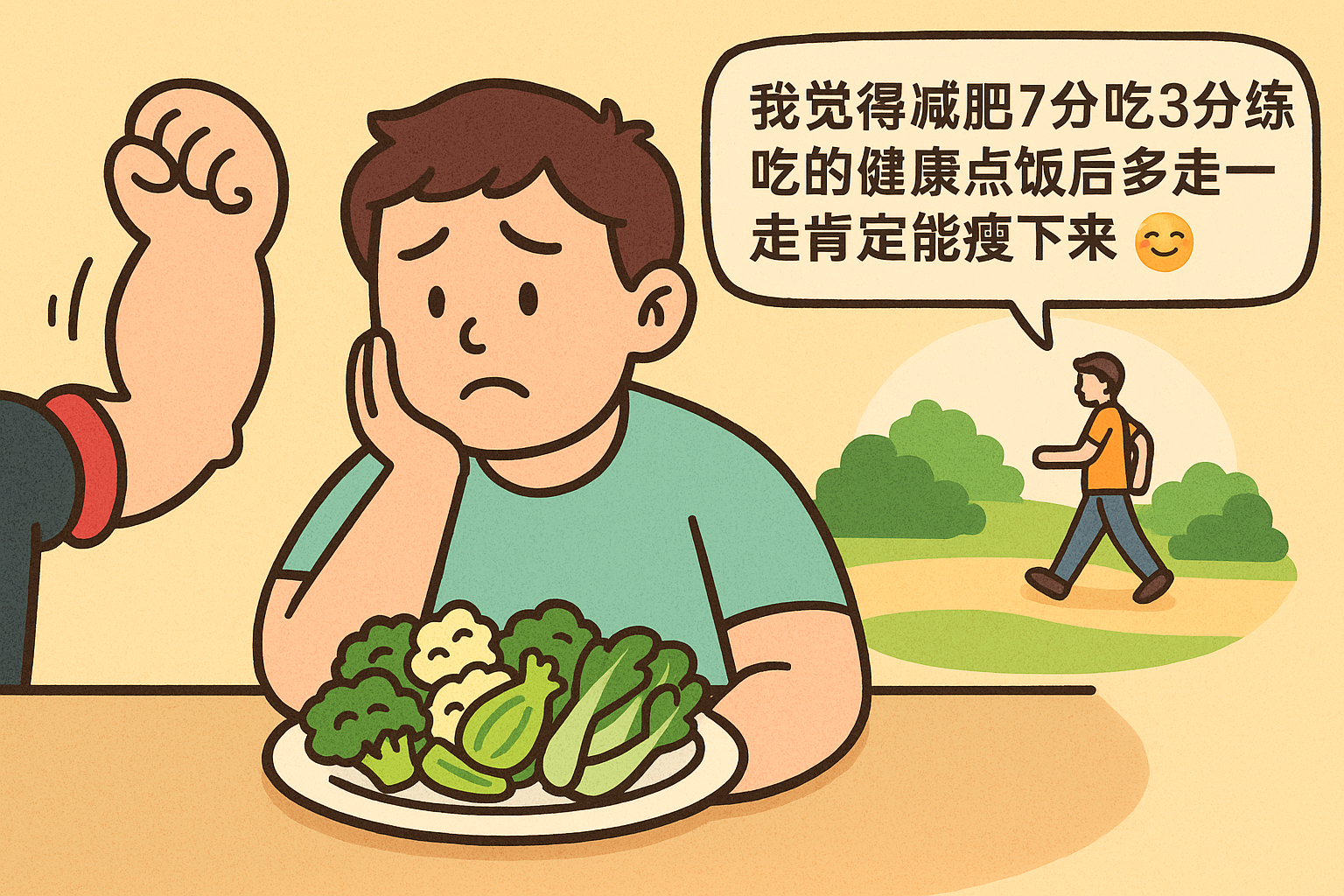 干事都讲究个度，天天吃水煮菜能有碳水和蛋白质摄入吗？这是把自己当大力水手啦？[d