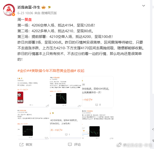 周总结周一复盘第一场：4206空单入场，抵达4194，呈现120点！第二场：42