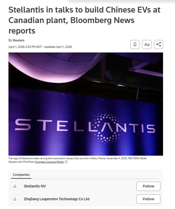 零跑汽车与斯特兰蒂斯的合作，正在北美引发一场争议。
多家媒体披露，双方正在讨论在