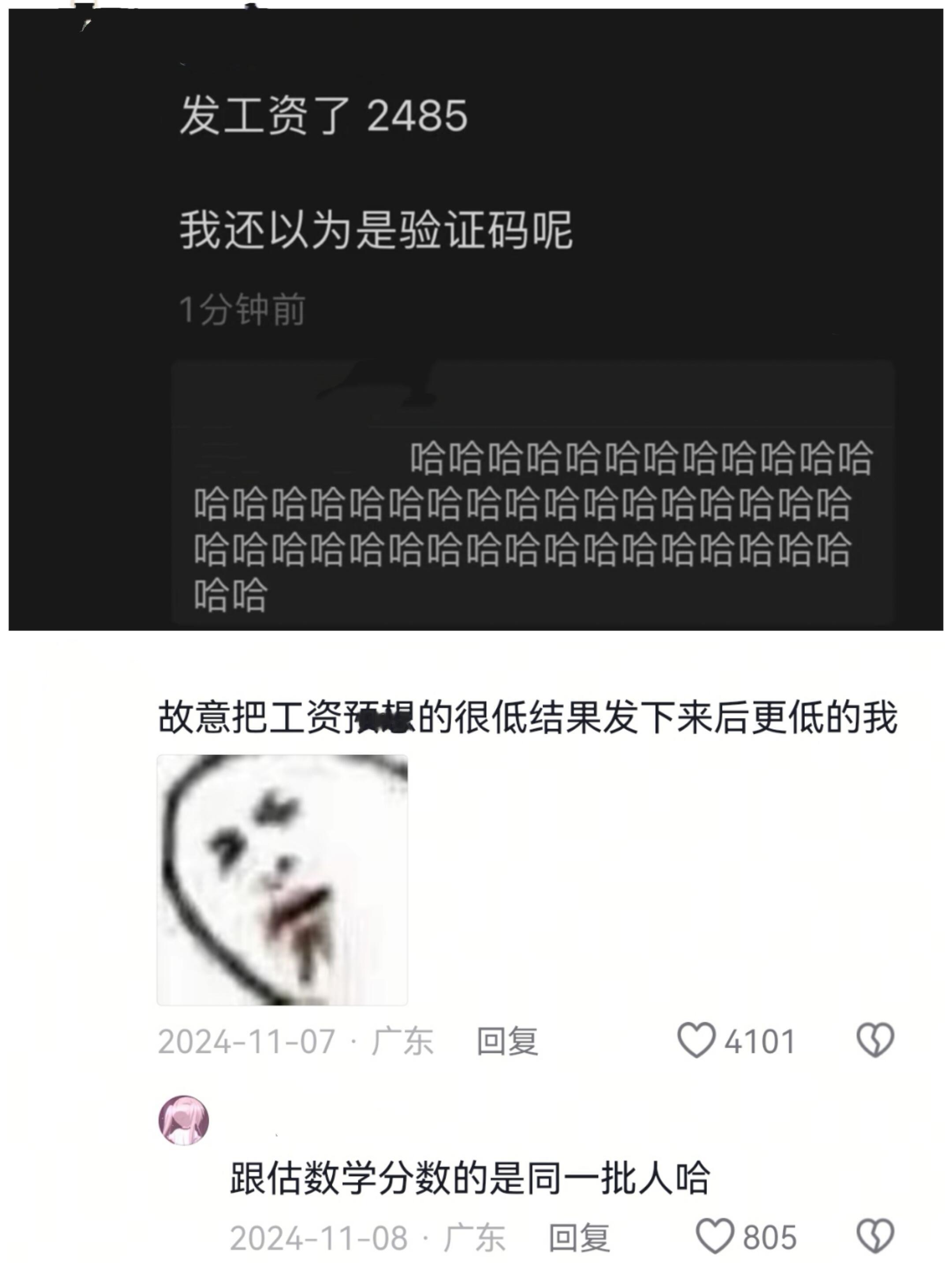 工资发了2485我还以为是验证码 