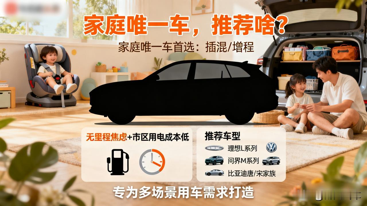 家庭唯一车，推荐啥？

首选插电混动或增程，没有里程焦虑，市区用电成本低。

理