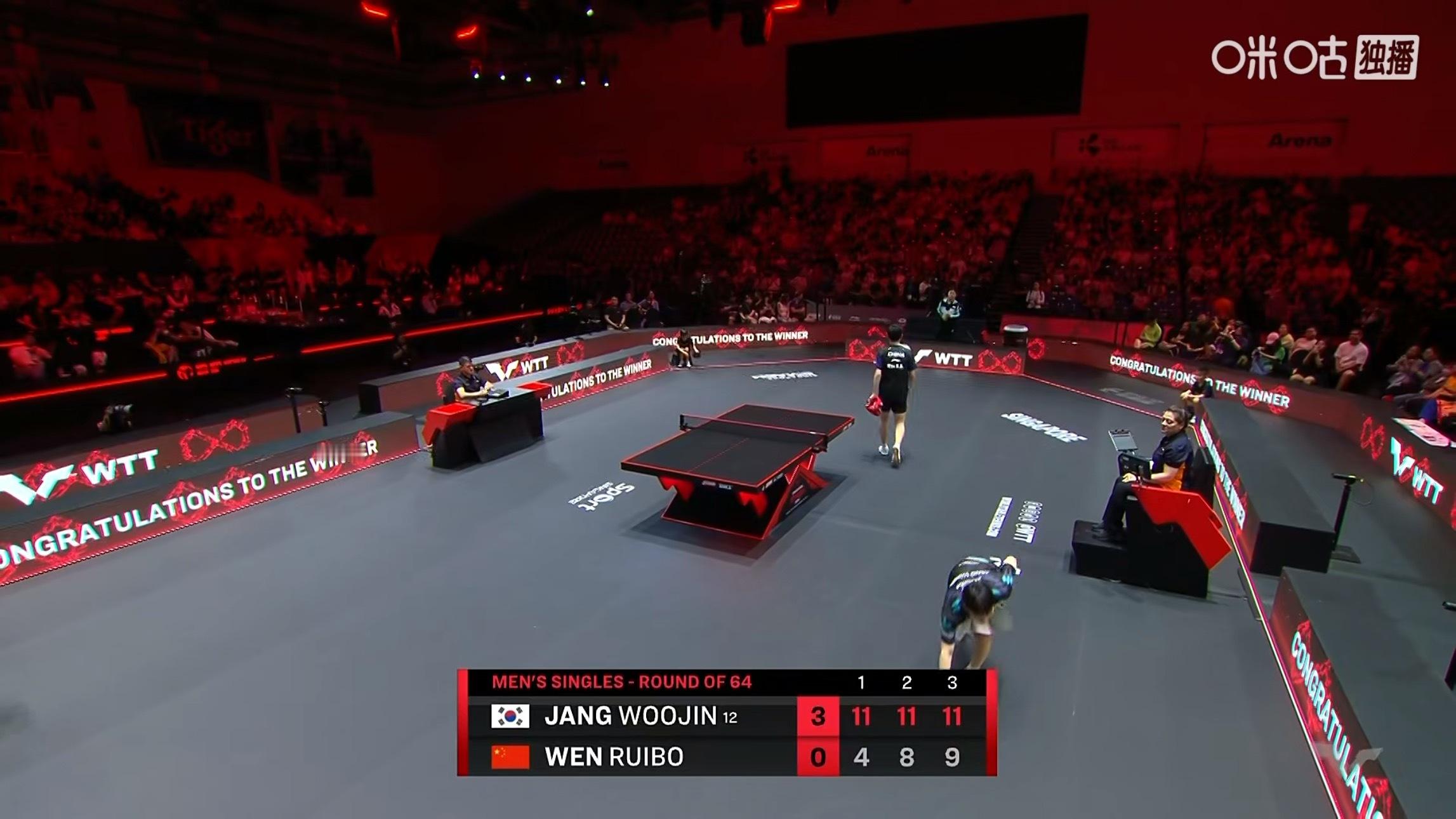 温瑞博0比3张禹珍(4-11，8-11，9-11)止步WTT新加坡大满贯2026