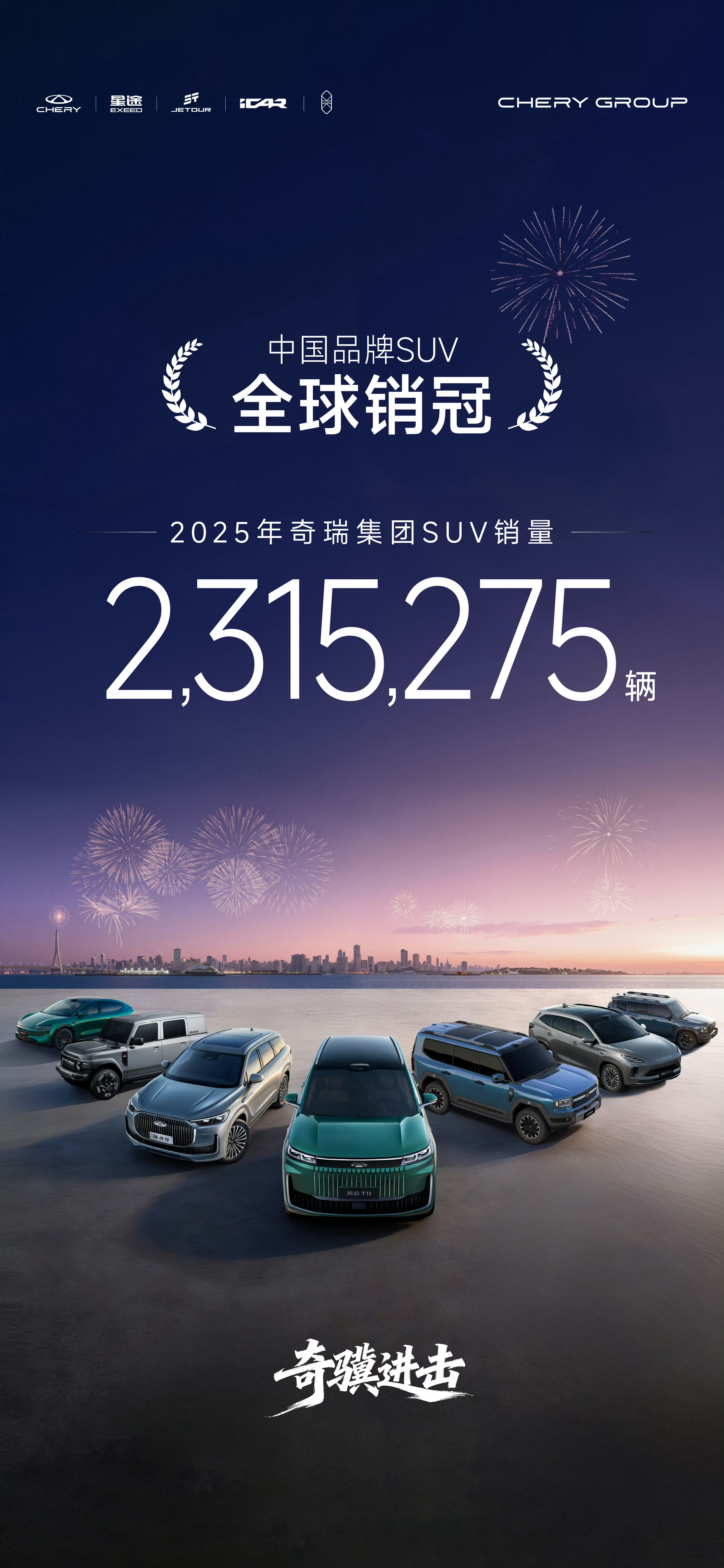 中国品牌的全球销冠之奇瑞2025年集团SUV销量达到了2315275辆，还是很猛