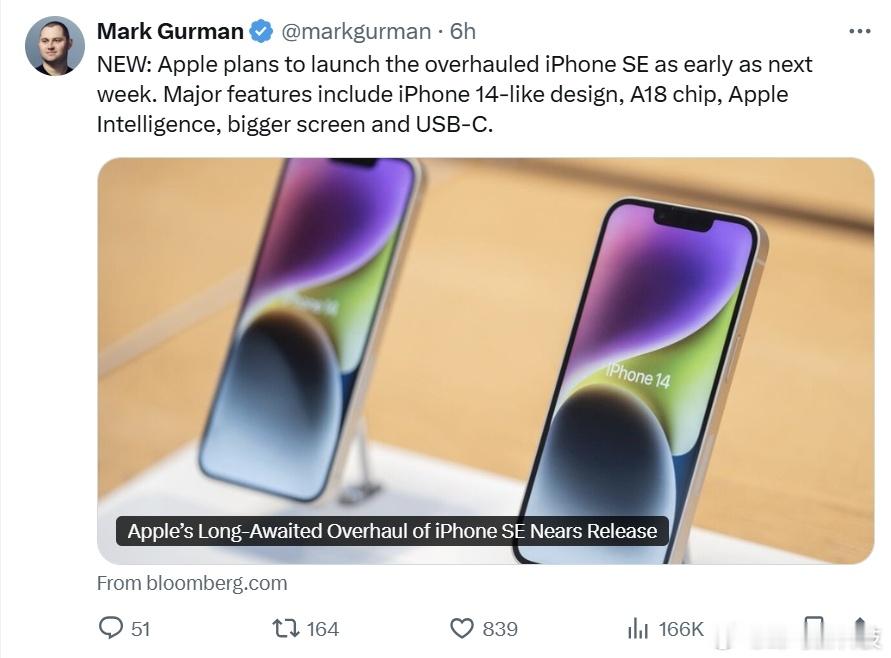 【iPhone SE 4或下周亮相2月发布】据Mark Gurman报道，iPh