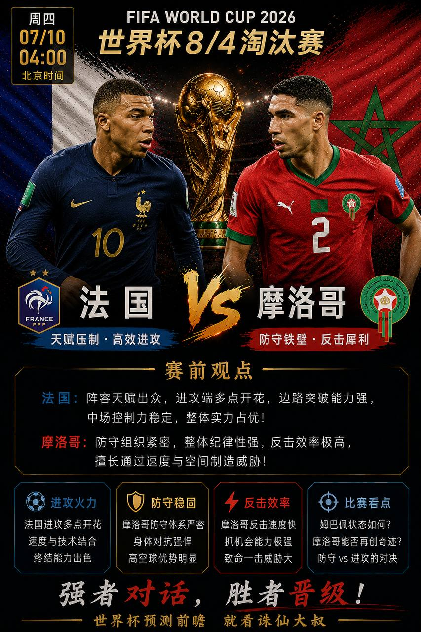 🔥大叔世界杯8强深度解析｜法国VS摩洛哥：距离四强只差一步，这场较量比拼的不只