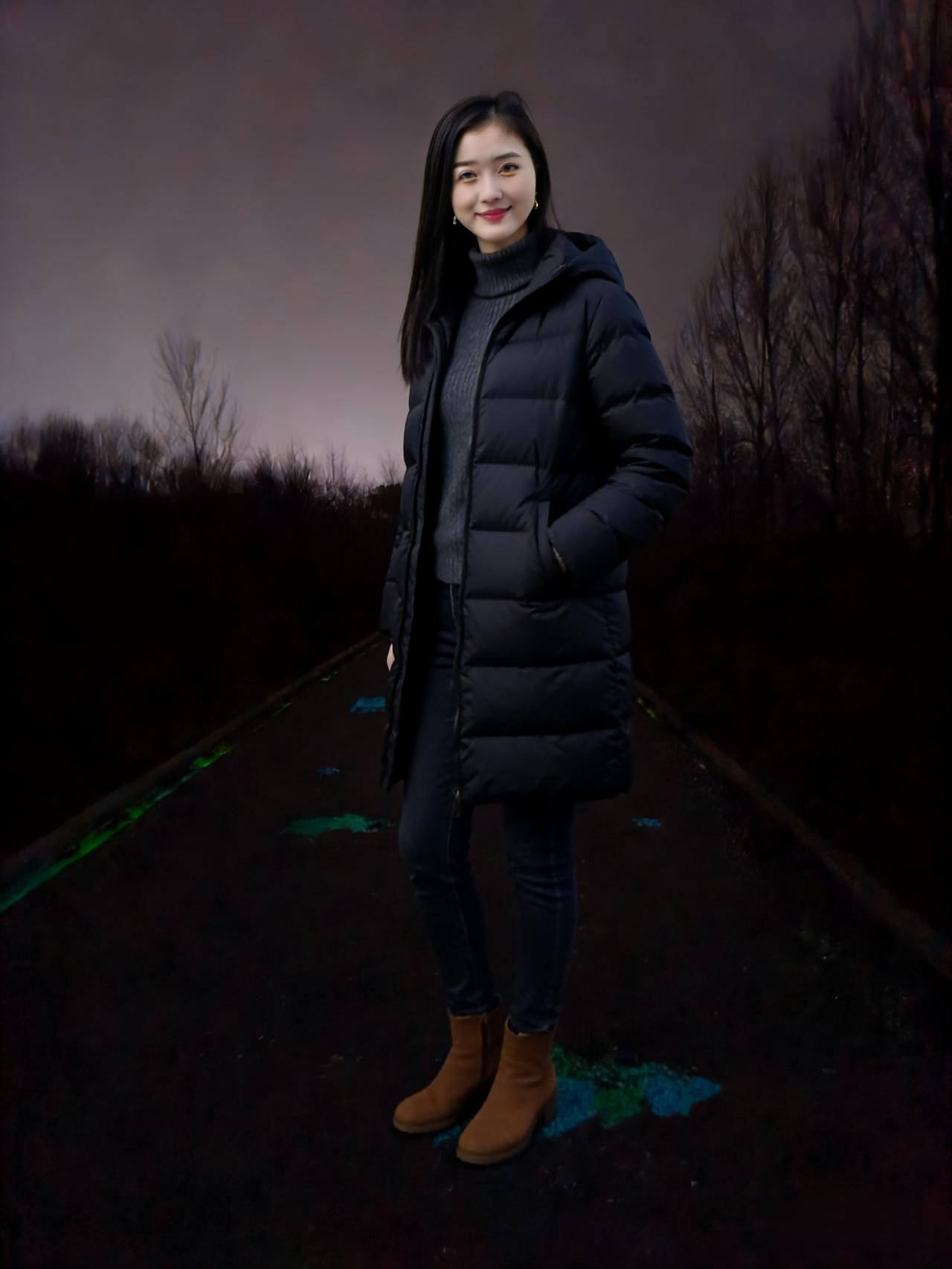 深蓝大衣裁夜色，灰绒高领绾清寒。
黑靴踏碎灯前影，素手垂凝风里欢。
遥岸光浮星点