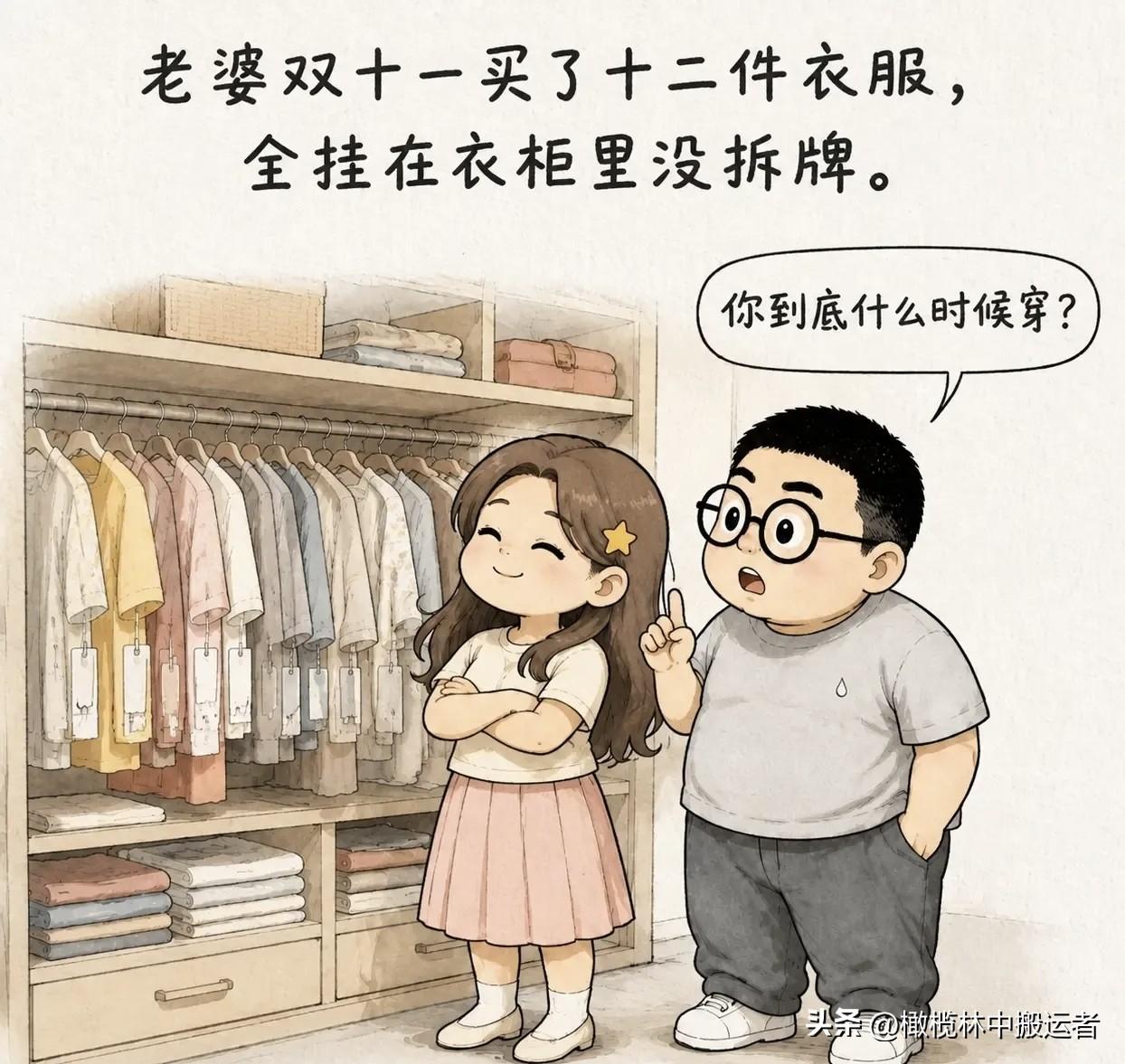 有趣漫画推荐：老婆双十一买了十二件衣服，全挂在衣柜里没拆牌。老公终于忍不住了：「