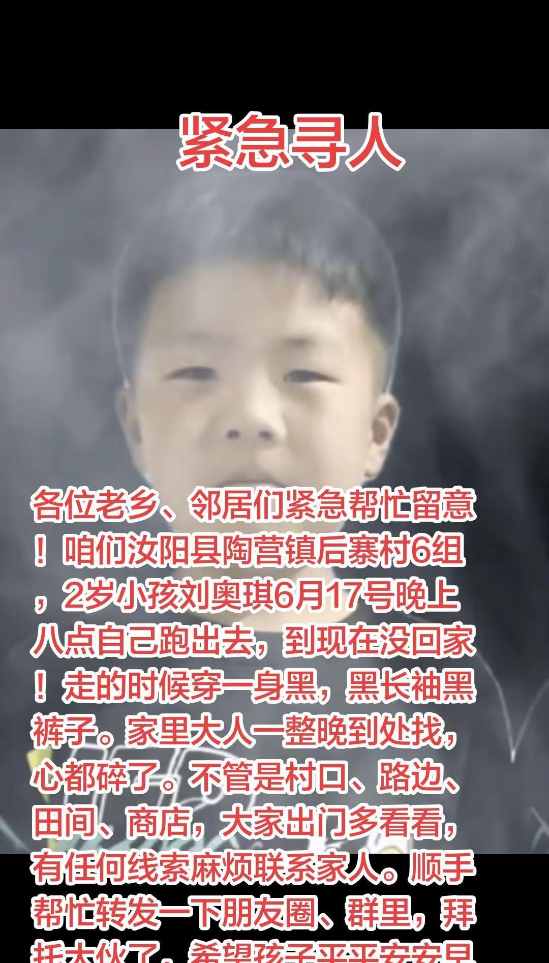 📢紧急扩散！2岁男宝奥奥6.17晚8点走失，黑衣黑裤！辽宁汝阳镇后寨村附近，家