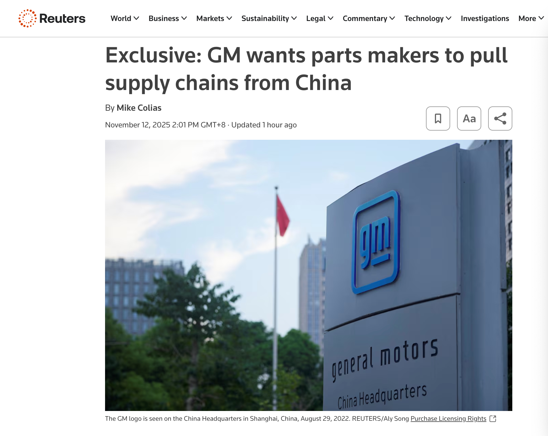 【通用汽车（GM）欲2027年年底终止与中国采购关系的联系】根据路透社报道，通用