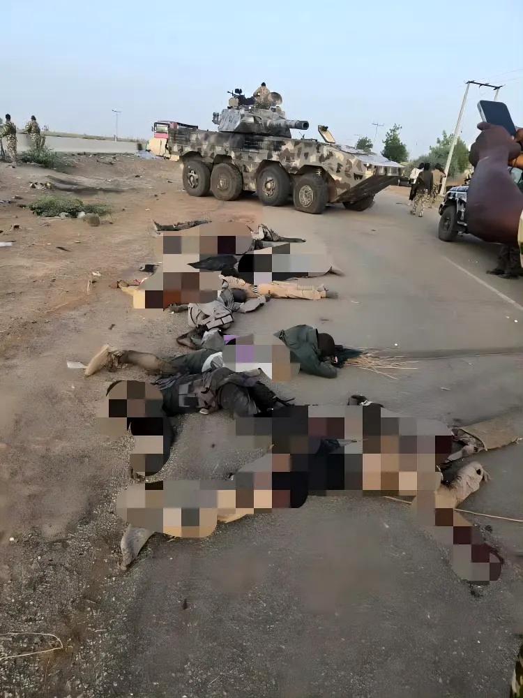 尼日利亚陆军的ST-1轮式突击炮在尼军击毙的武装分子尸体跟前。这些被击毙的武装分