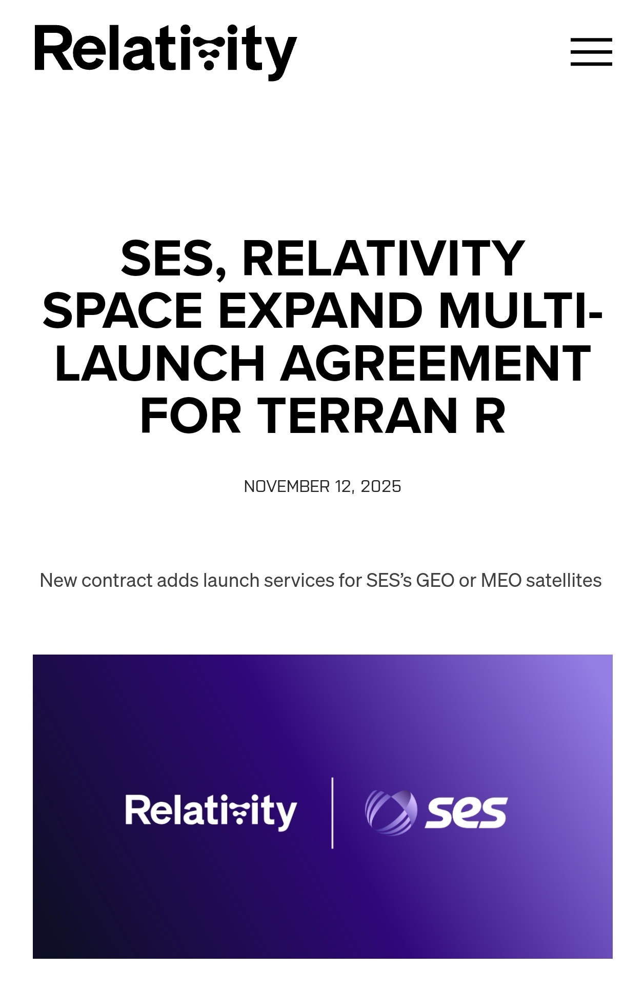 2025年11月12日，行业知名通信卫星运营商SES与研发Terran R火箭的