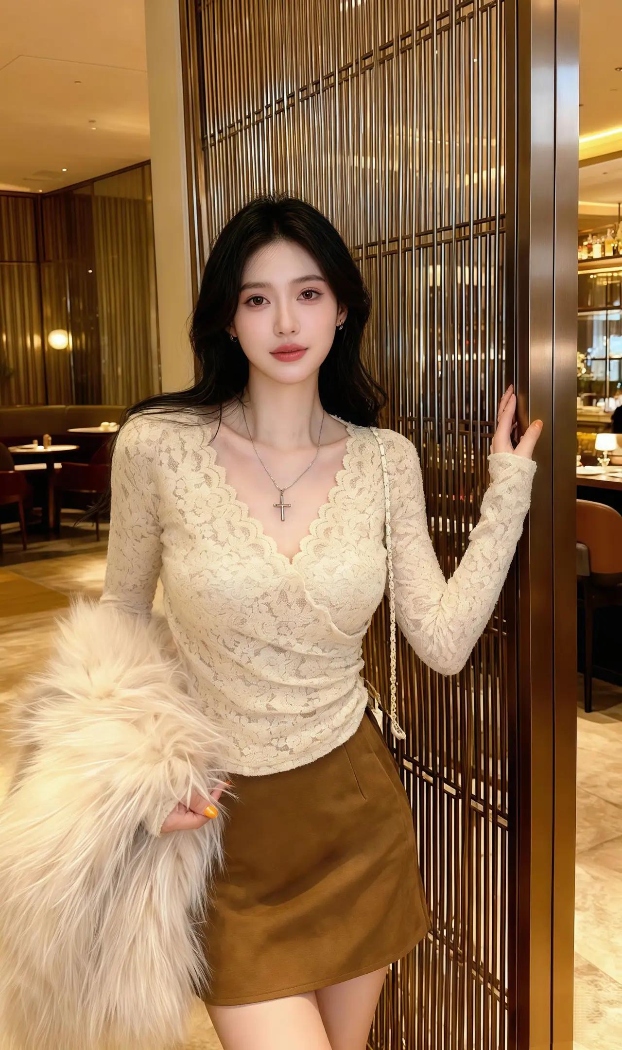 《光影中的温柔》
午后的阳光斜斜地穿过木质雕花隔断，在她米色蕾丝上衣的镂空花纹上