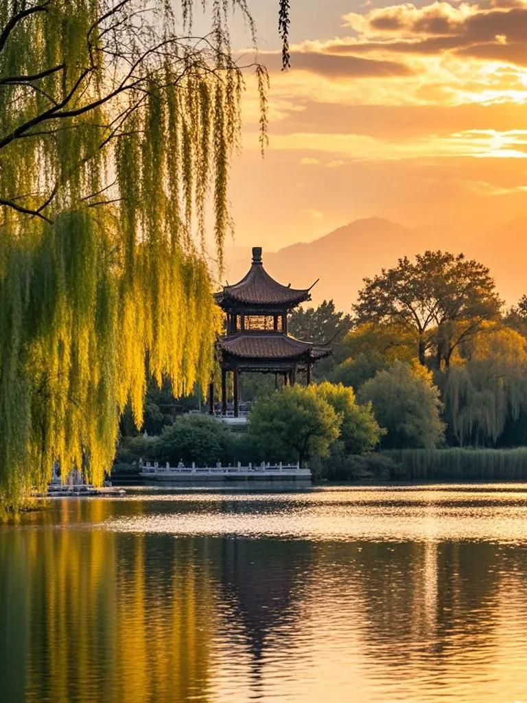 夕阳洒在济南森林公园，金光照林，波光耀湖。垂柳依溪舞，亭台沐霞孤。秋水含情赏美景
