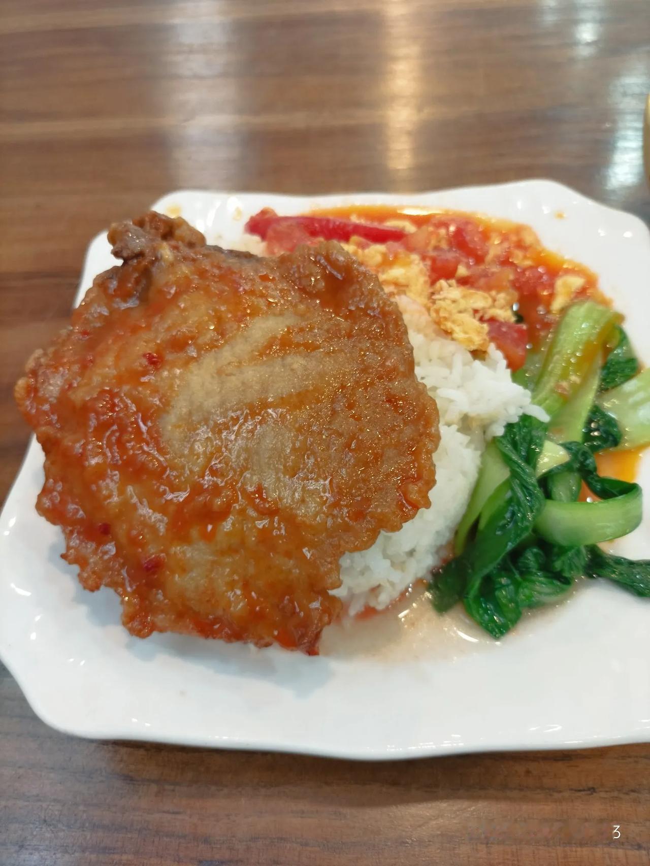 出门在外要享受生活，对自己要好一点。16元钱的大排饭，有大排有番茄炒鸡蛋还有炒青