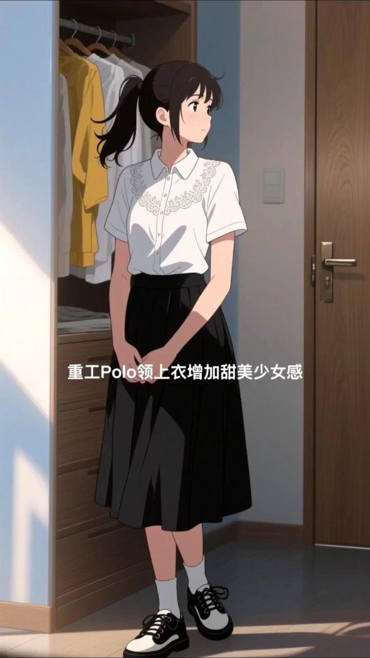 我的天呐真的要被这套美晕了！重工polo领上衣增加甜美少女感，搭配黑色...