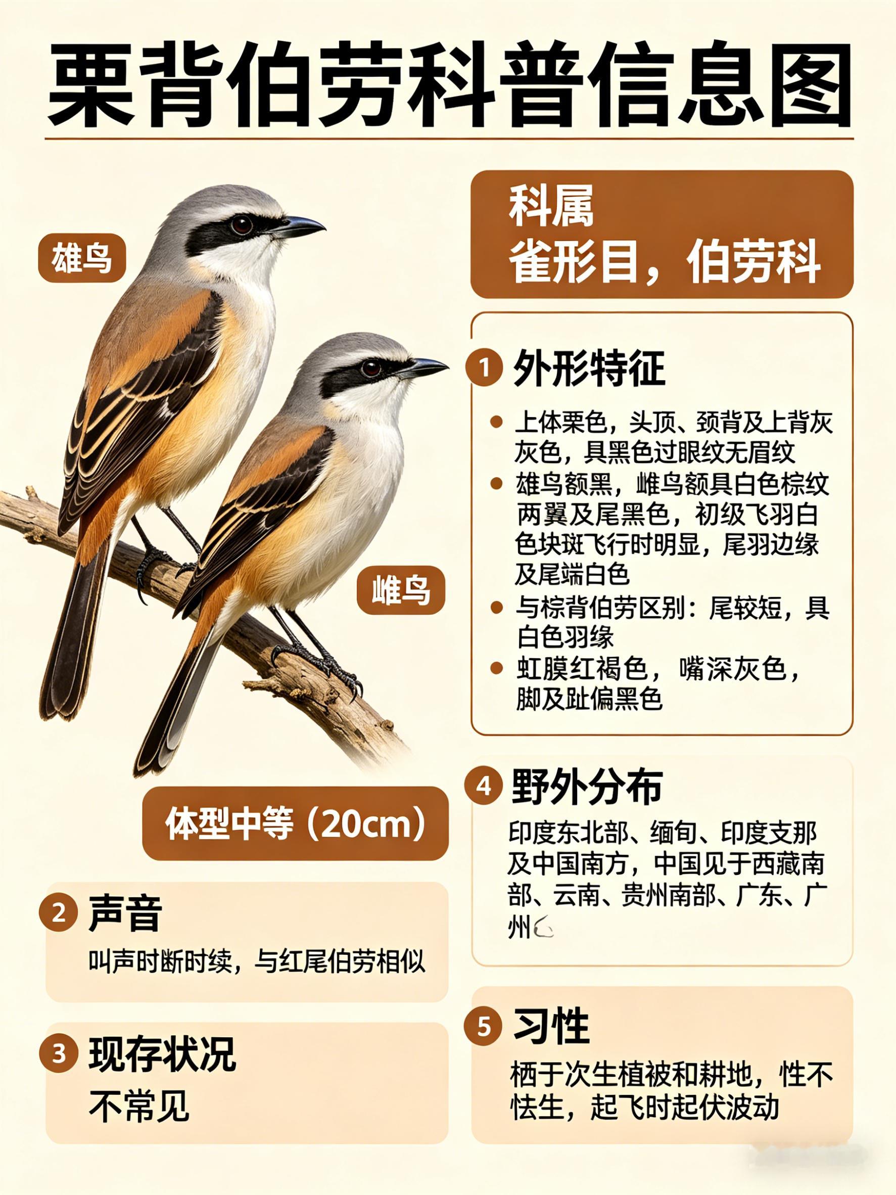 鸟类朋友图鉴 栗背伯劳·科属：雀形目，伯劳科。·外形特征：体型中等（20cm）而