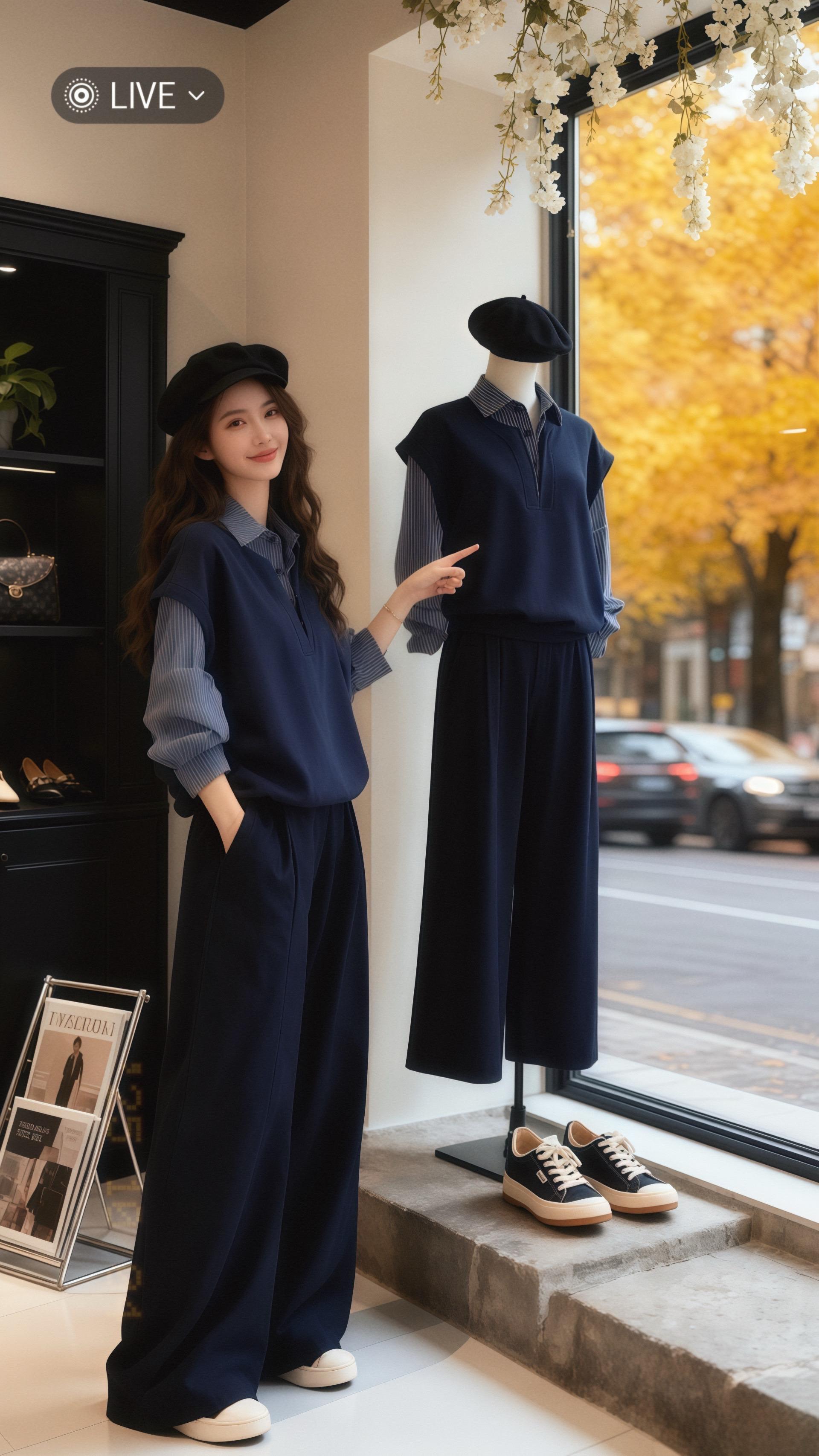 她穿着大码慵懒风假两件拼接长袖衬衫，在高级感女装店的落地窗前，将秋日的...