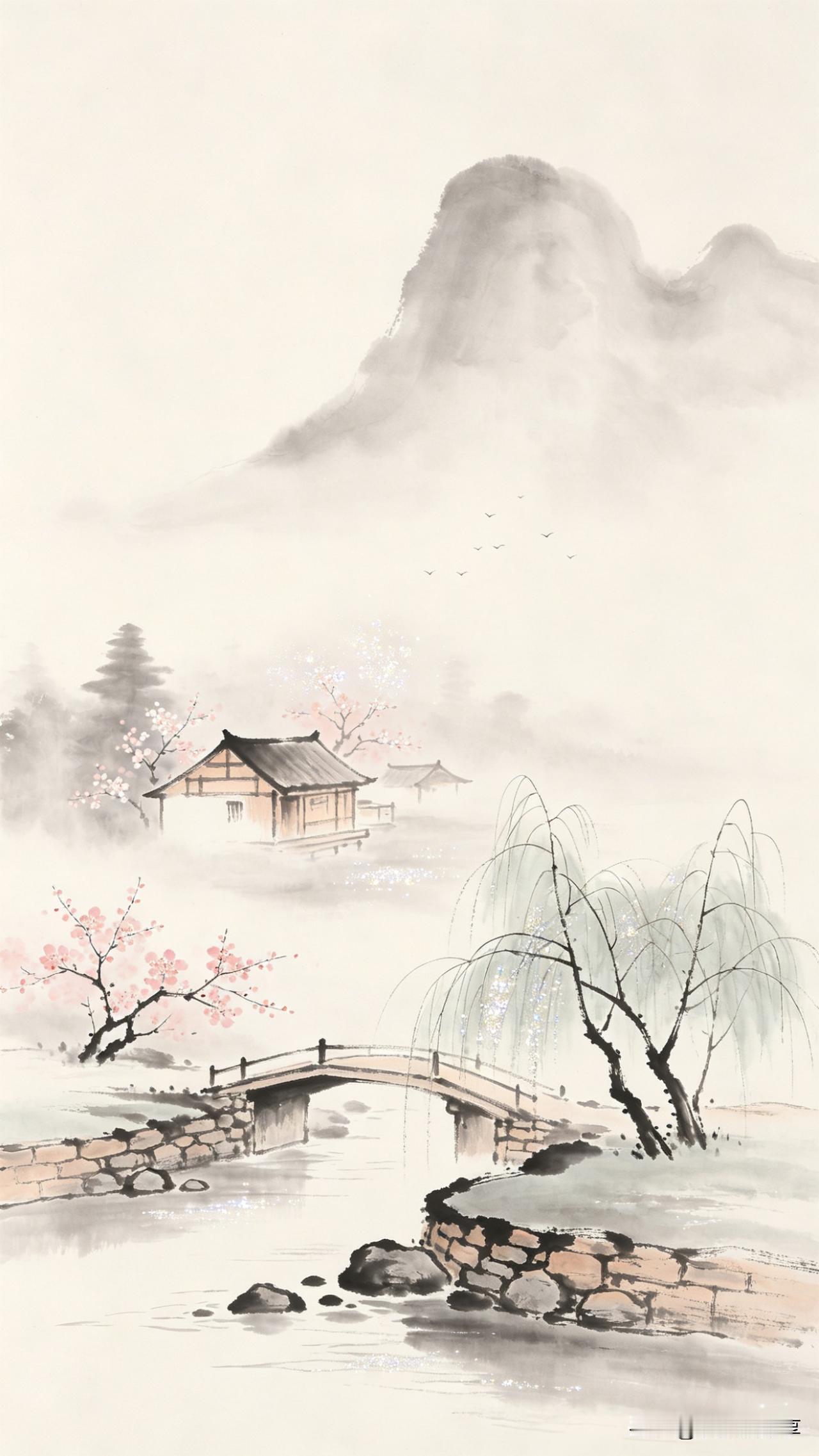 水调歌头·水墨春山

远岫隐云雾，近水绕人家。
画桥横跨波底，垂柳拂轻纱。
几树