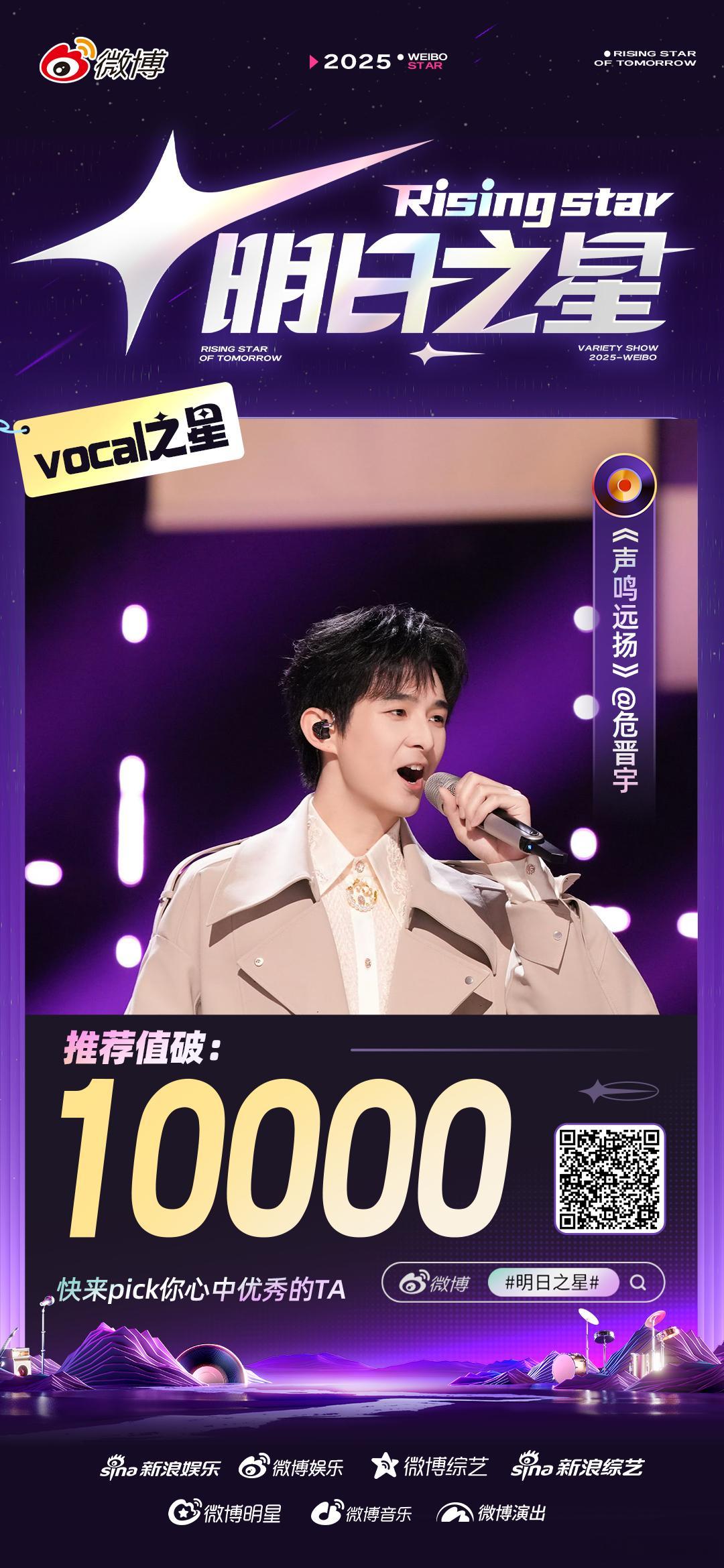 危晋宇明日之星推荐值破万 恭喜《声鸣远扬》选手在 明日之星【vocal之星】【神