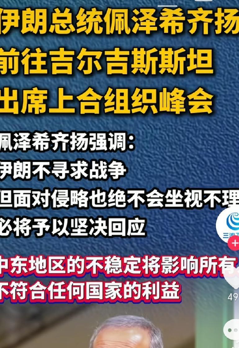伊朗总统佩泽希齐扬参加上合组织峰会。上合组织峰会是一个重要的国际组织，有非常重要