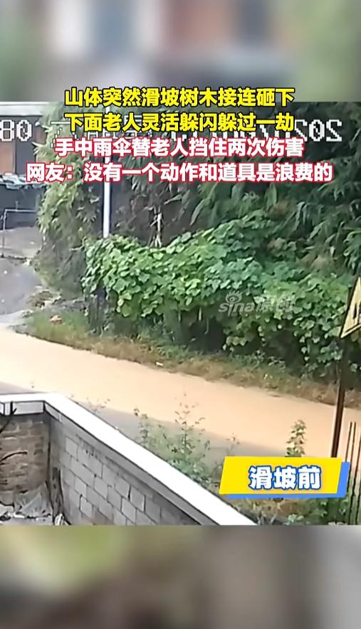 “命真大啊！”8月15日，广西平南，一位老人打着伞走在路上，突然遭遇山体滑坡，树