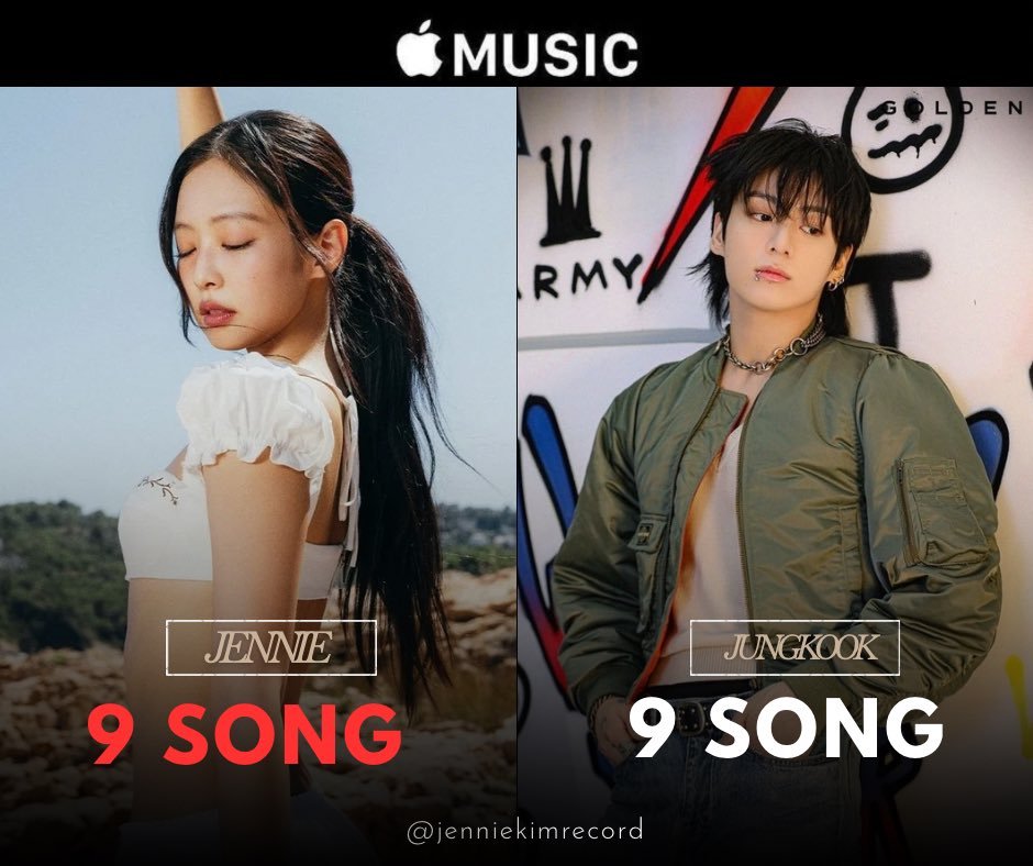 JENNIE 和 田柾国 是唯二拥有9️⃣首歌曲进入Apple Music🌎全