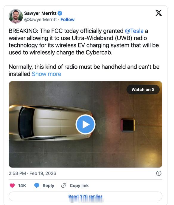 重磅消息！美国 FCC 批准特斯拉 Cybercab 无线充电系统使用超宽带技术