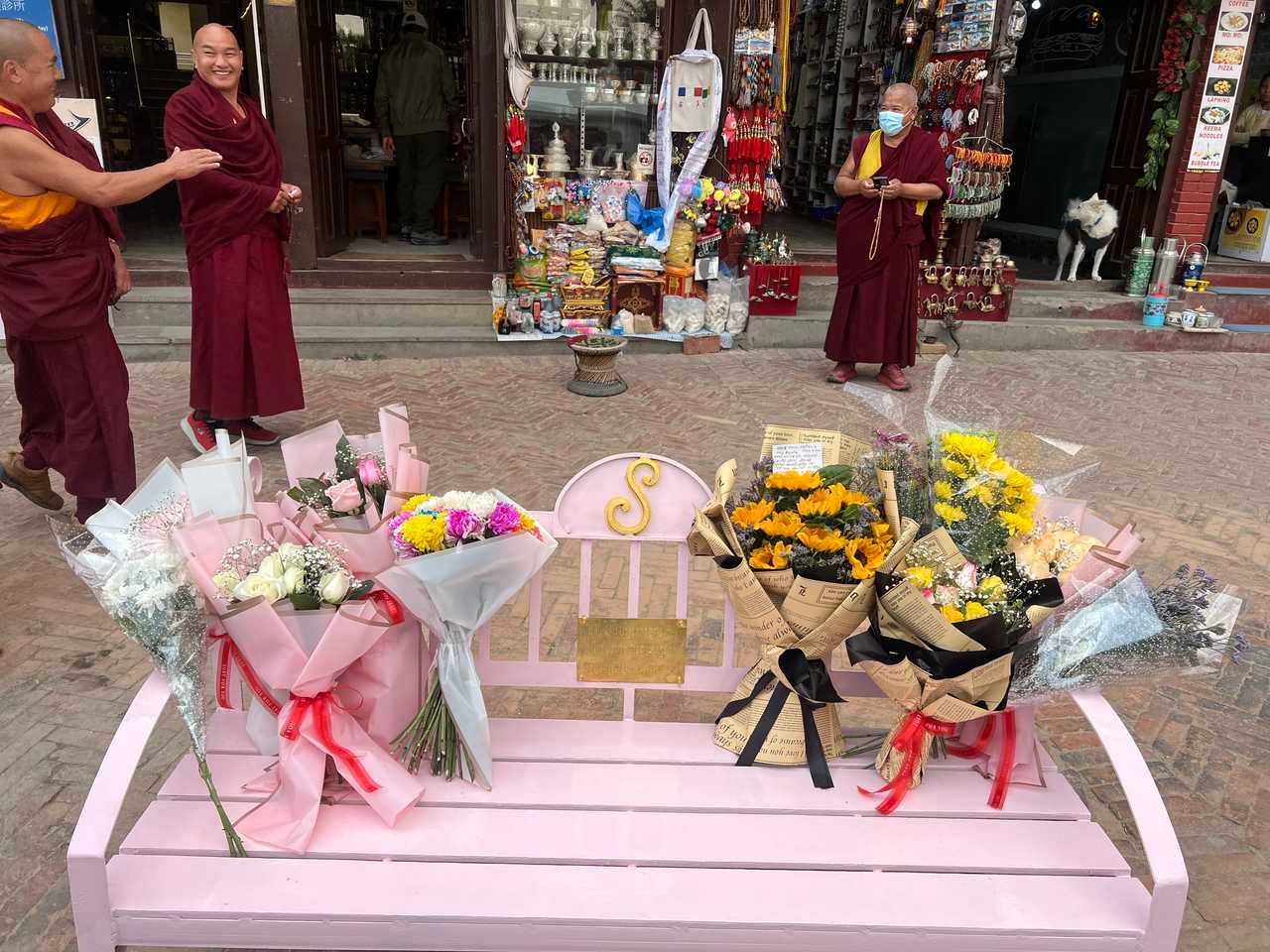 尼泊尔也有大S的纪念长椅了🥹粉色的椅子上写了S 椅子后面是大大的D 尼泊尔佛塔