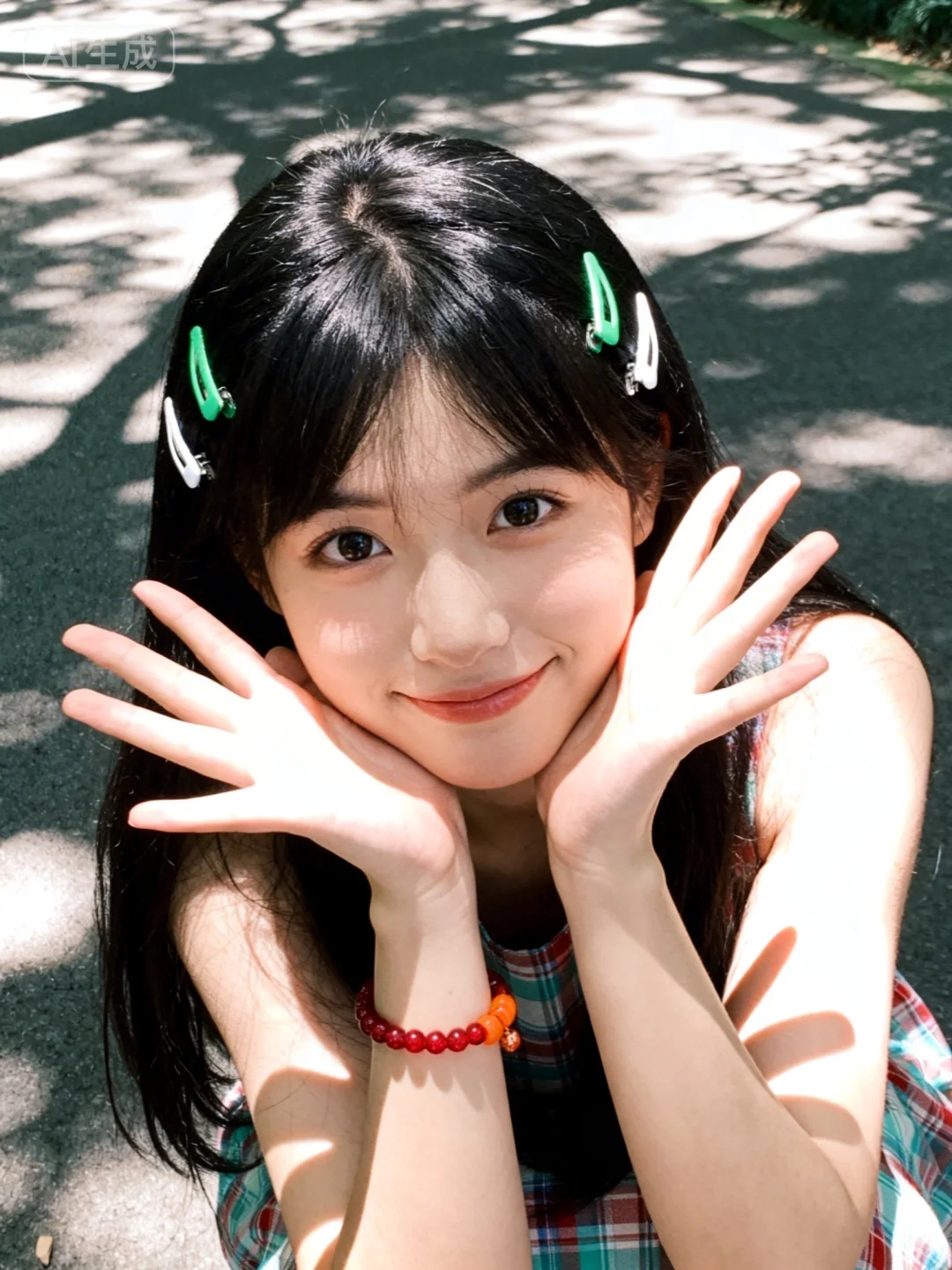 •	生成内容：年轻女性，黑色长发，头发上别着绿色和白色发夹，佩戴红色和...