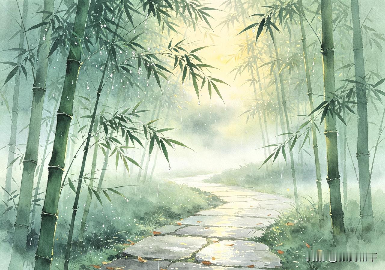 夜雨凝珠露，
晓风扶竹凉。
 
简析：一夜细雨，草木凝满珍珠般的清露；拂晓柔风轻