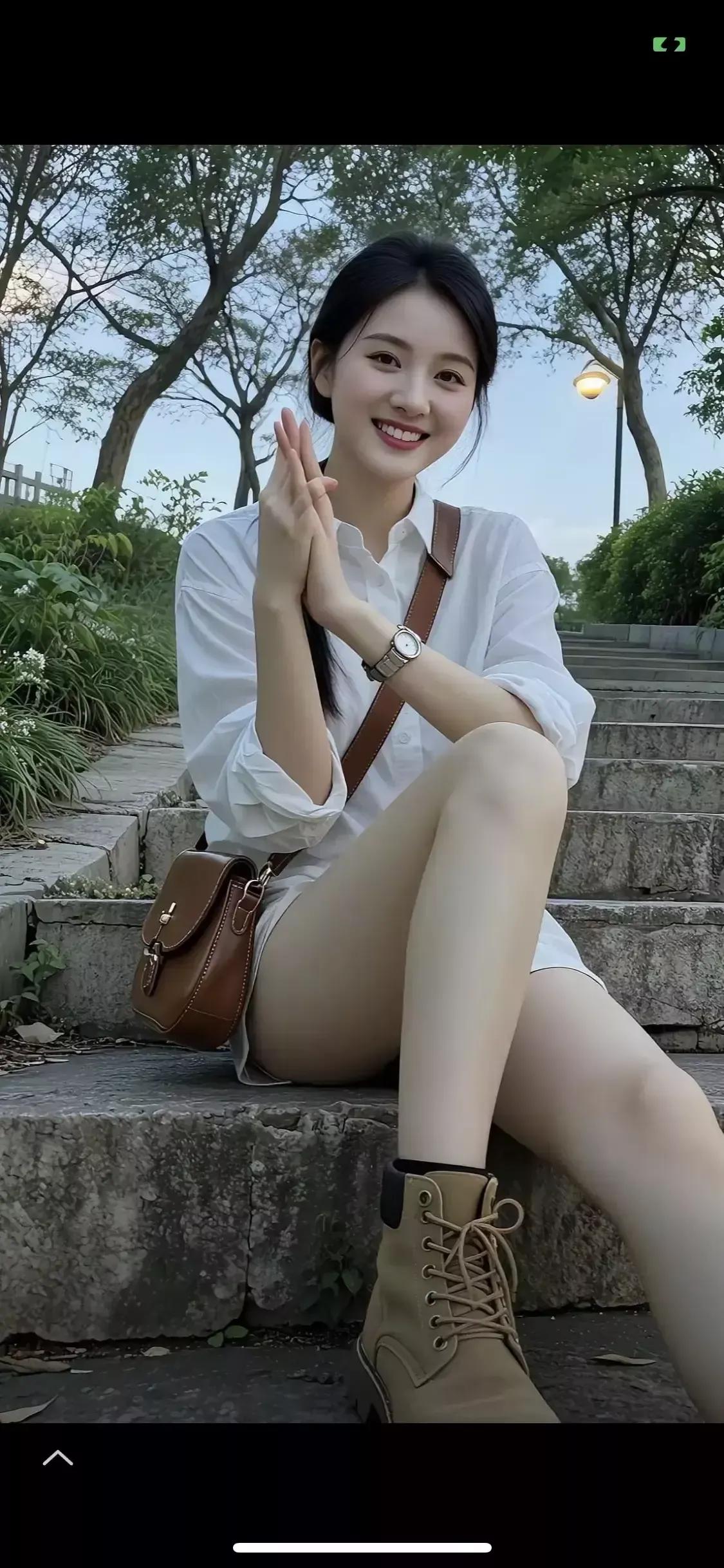 阳光明媚的午后，少女坐在台阶上微笑。少女感笑容 少女感微笑女孩 少女的笑容 美少