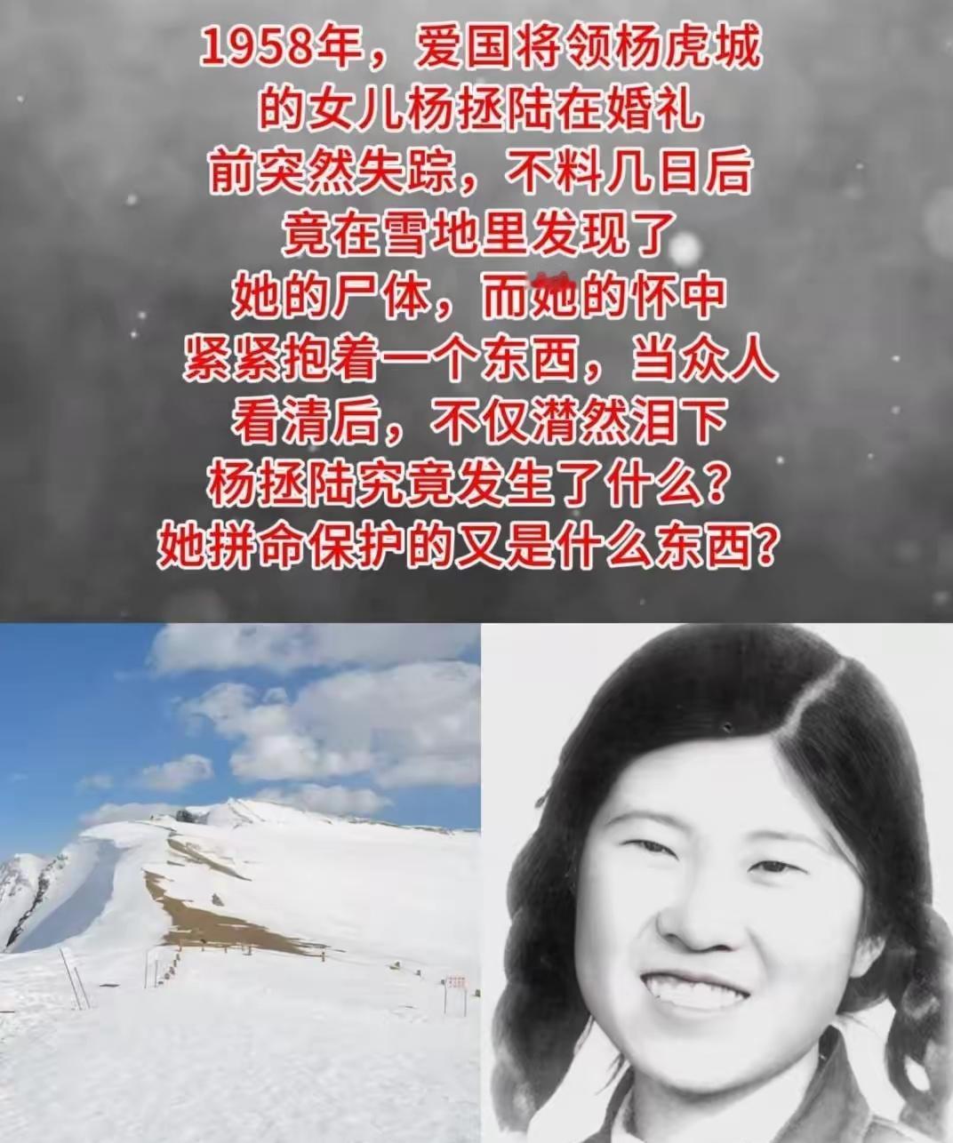 1958年，爱国将领杨虎城的女儿杨拯陆在筹备婚礼期间离奇失踪，几日后，她的尸体出