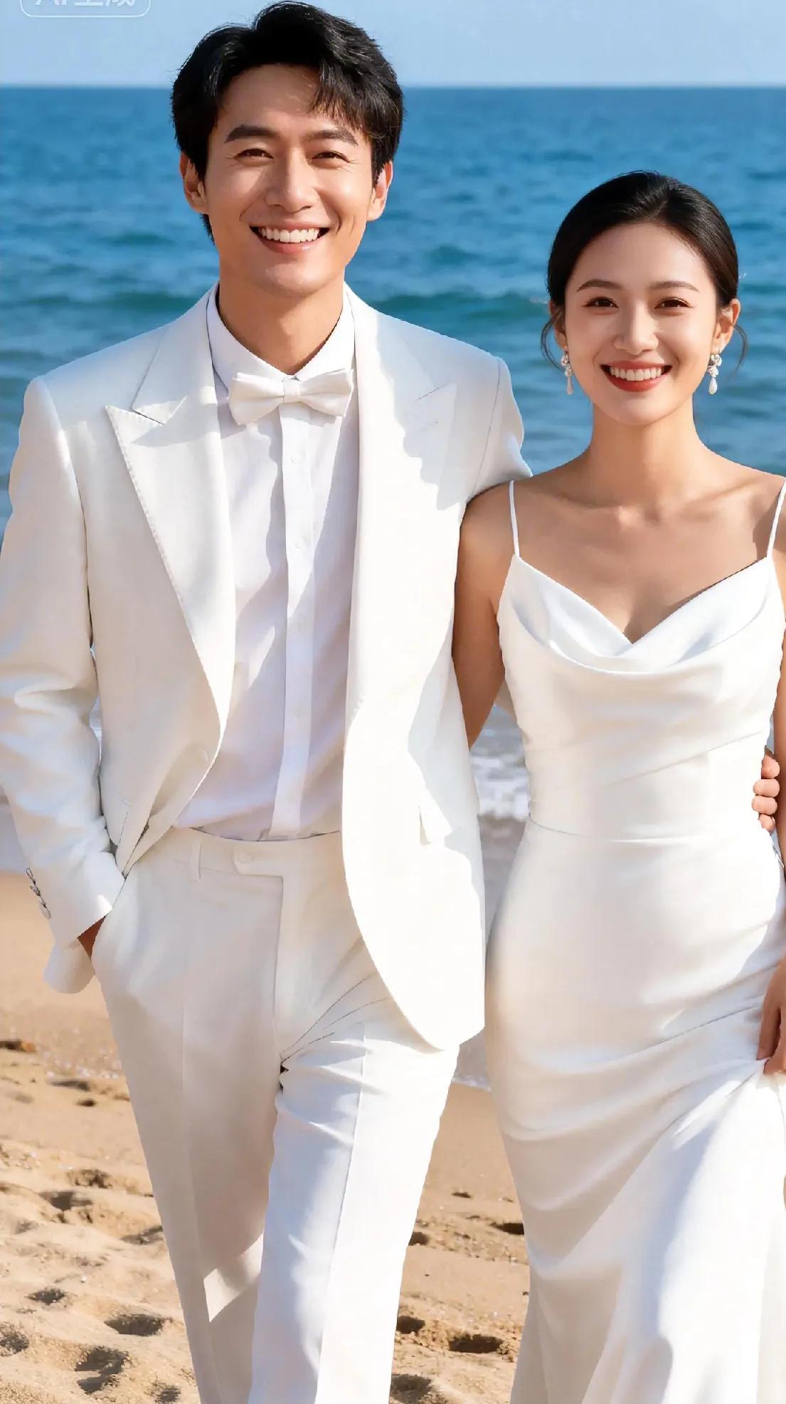 阳光漫过沙滩，海浪轻拍着时光的温柔。我们并肩站在蔚蓝的海岸线前，白纱与西装在风里