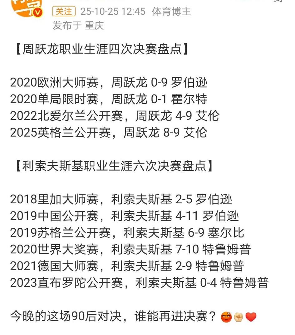 究竟是谁能在亚军榜上更进一步就看今晚的半决赛，四亚王挑战六亚王。
如果小司机赢了