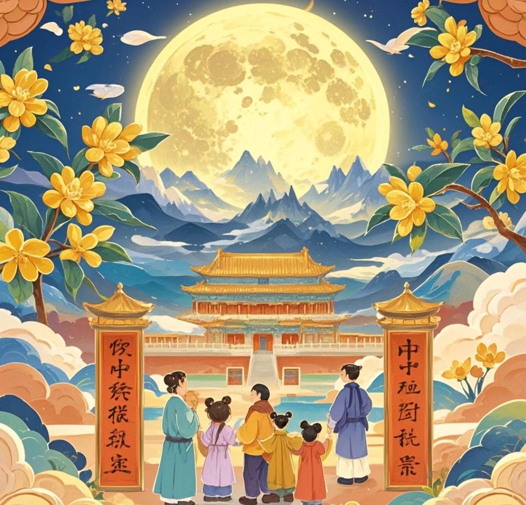 皓月当空照九州，家国团圆共此时。 金风送爽迎佳节，丹桂飘香满人间。五仁月饼是我比