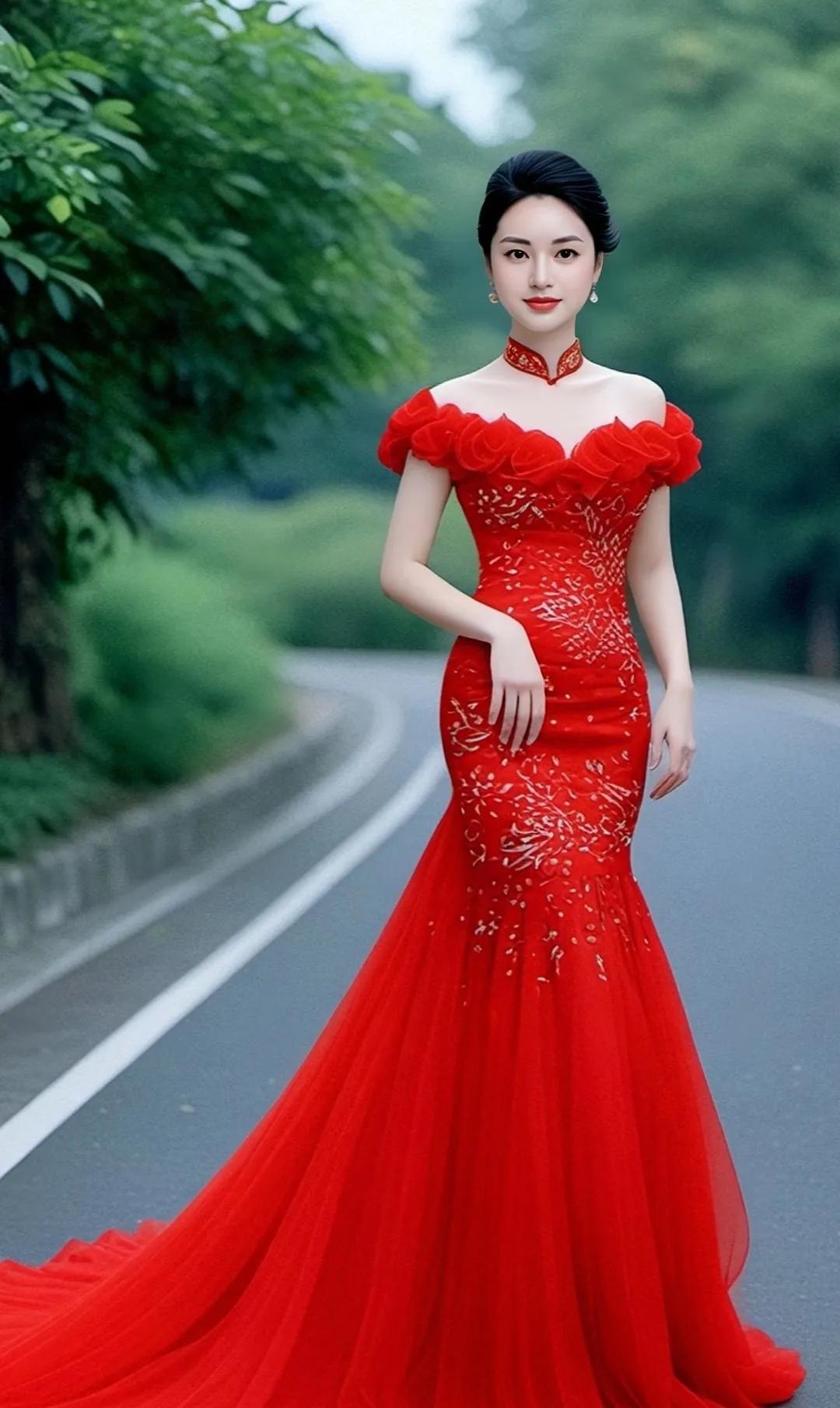 红裙飘飘，漫步在绿意盎然的乡间小路上红裙似霞光 美丽倩影随心动
