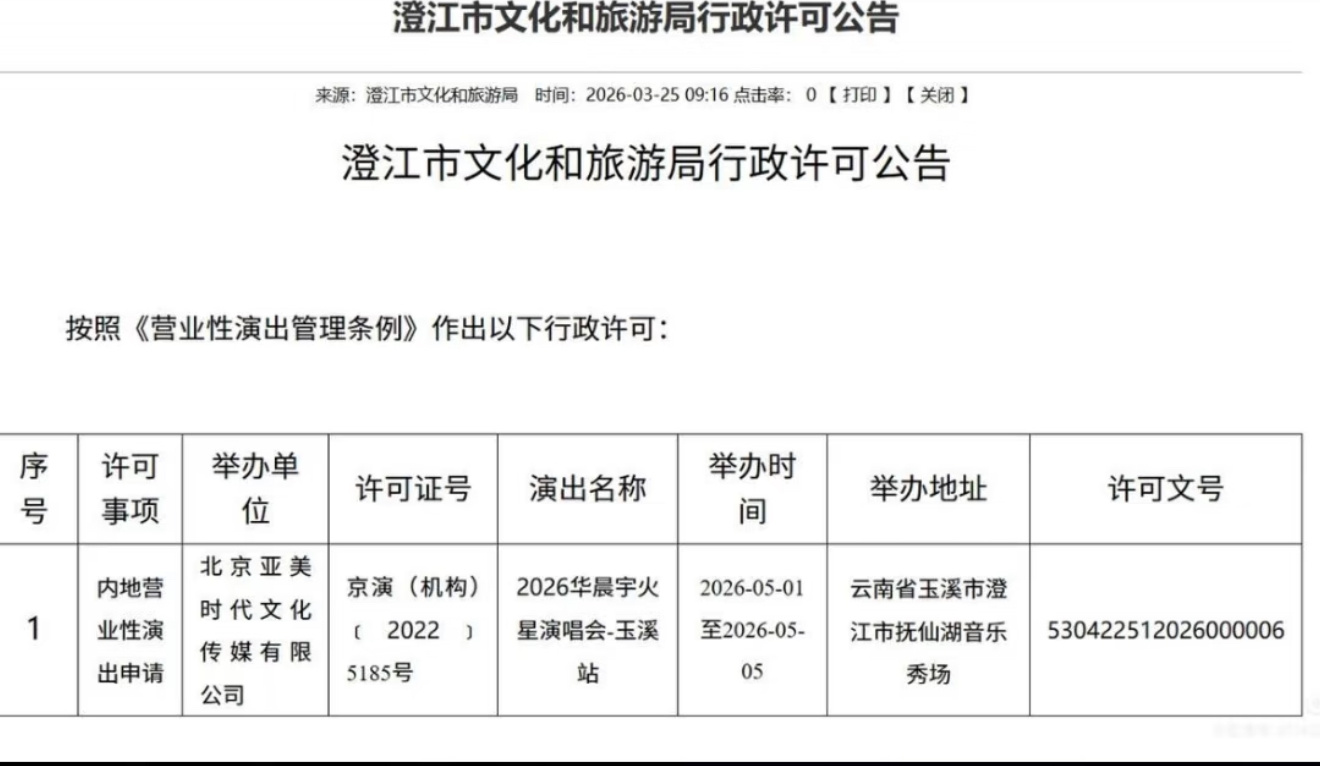华晨宇  华晨宇云南抚仙湖演唱会批文出来了！ 5连开 期待的点个赞，我看看有多少