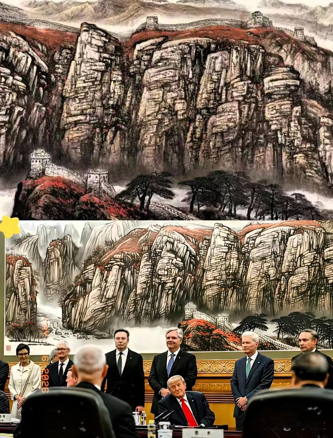 刚刷到白宫发的一张官方照，

实在耐人寻味。

画面主角明明是政要，

但最抢戏