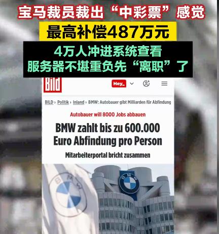 宝马大裁员，离职补偿最高487万，员工争着跑，直接把系统挤爆了。
事儿是德国《商