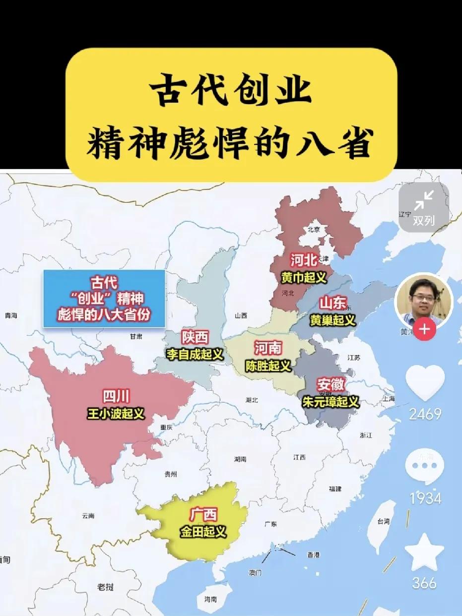 古代创业，能有影响力的，都是这八个省份。

其中广西和河南的创业，都进入教科书里