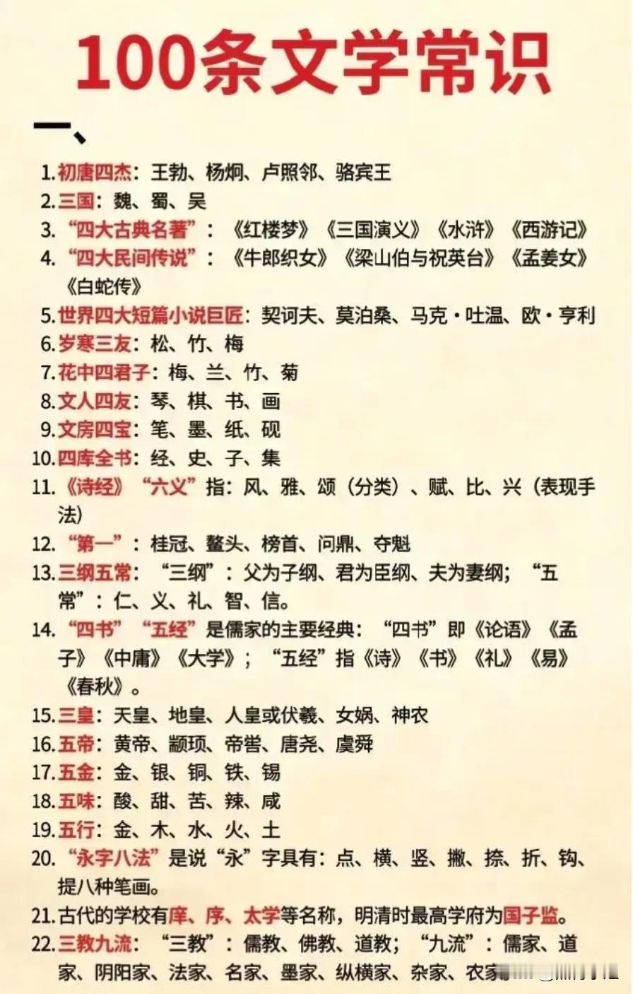 太全了！终于有人把语文文学常识归纳好了！100条文学常识，让孩子积累，不仅可以培