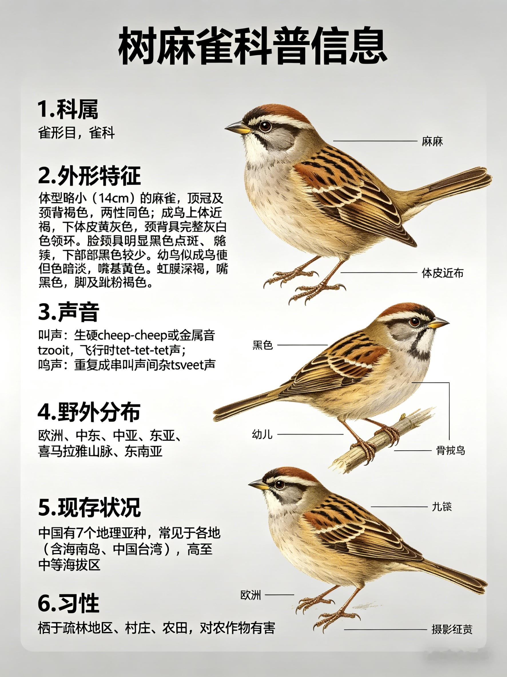 鸟类朋友图鉴 树麻雀·科属：雀形目，雀科。·外形特征：体型略小（14cm）的麻雀