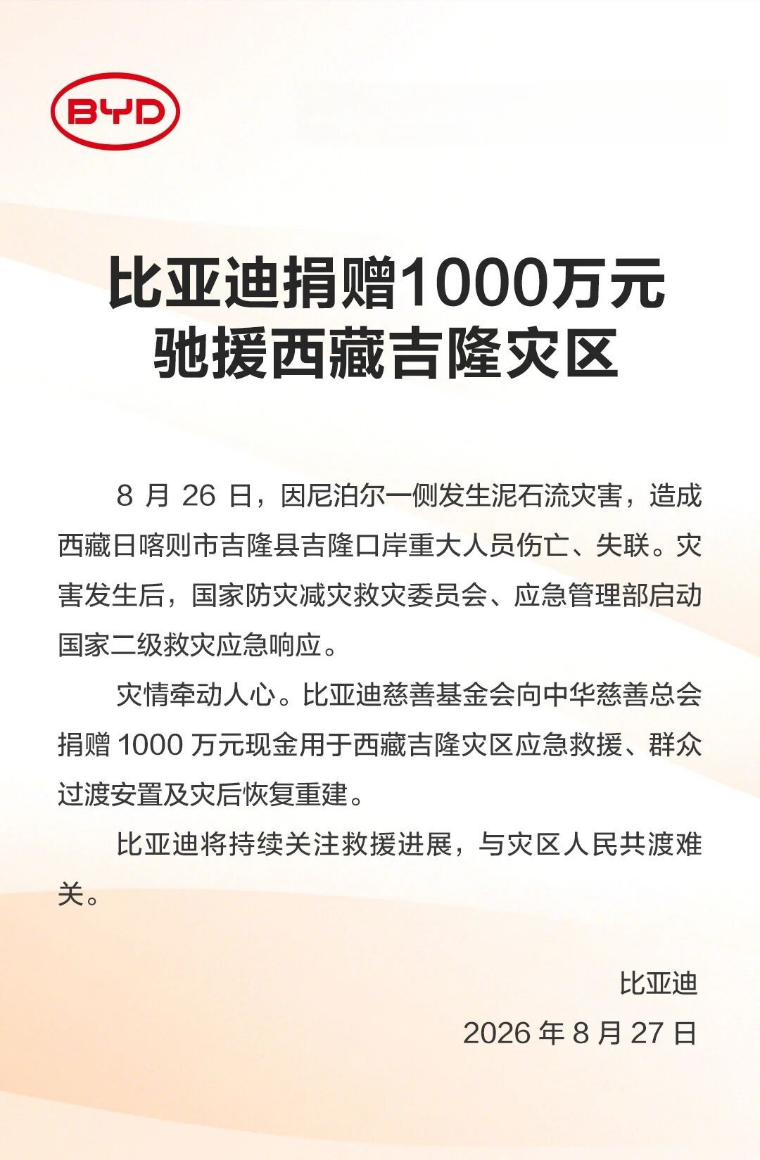 【比亚迪慈善基金会捐赠1000万元驰援西藏吉隆灾区】8月26日10时30分许，因