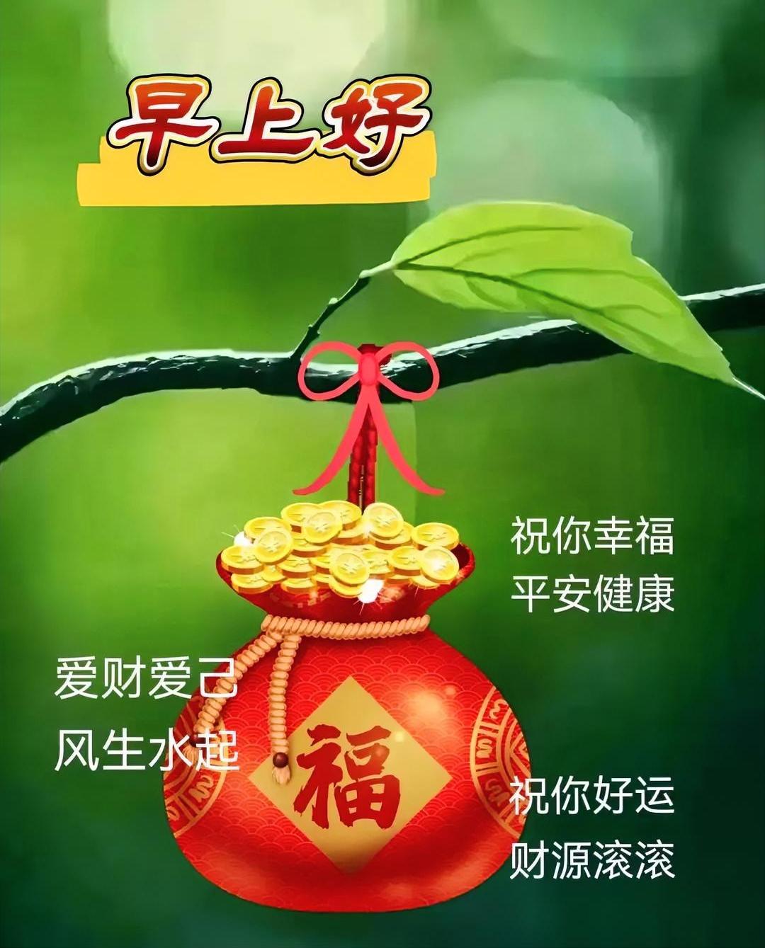 早上好！枝头的福袋盛满金币，祝你爱财爱己，风生水起，好运财运滚滚来。
分享美好的