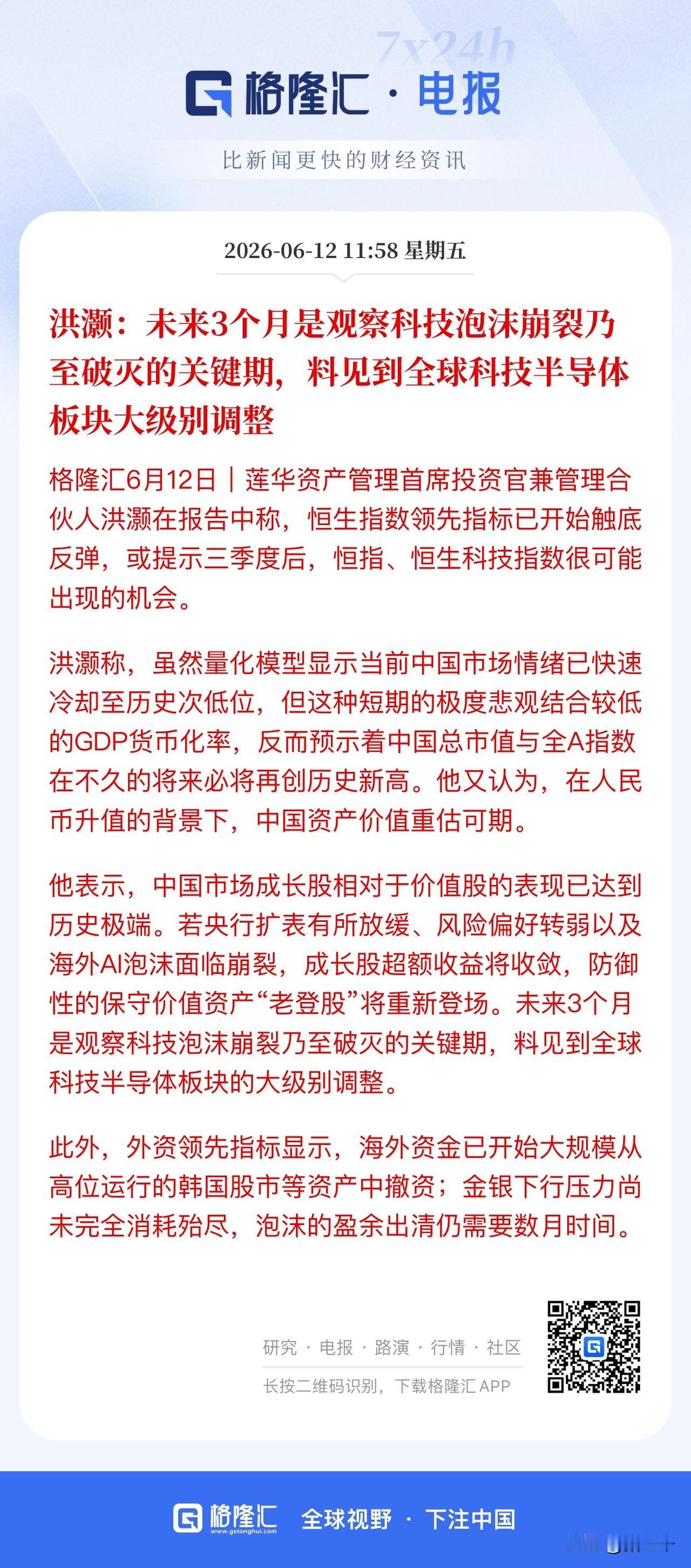 洪灏警示科技泡沫观察期，
并看好港股触底反弹的机会！
三千完全认可这个观点，
首